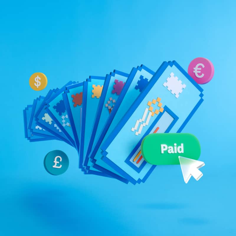 Multiple paper bill envelopes fanned out with check and bank icons shown as payment options. A cursor clicks on a paid button.